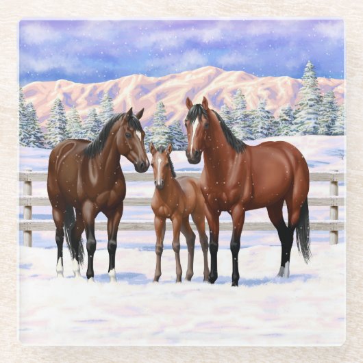 雪の中の茶色のベイ四分の馬 ガラスコースター (正面)