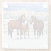 雪の中の茶色のベイ四分の馬 ガラスコースター (裏面)