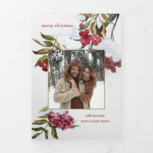 雪の中の赤い水色の冬の果実の写真 三つ折りカード (カバー)