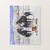 雪の中の農場の黒いアパロオーサの馬 ジグソーパズル (縦)