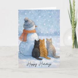 雪の中の雪だるまとクリスマスの猫たち カード