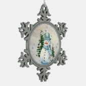 「雪の中の雪だるま」ウサギと木と一緒 スノーフレークピューターオーナメント (左)