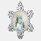 「雪の中の雪だるま」ウサギと木と一緒 スノーフレークピューターオーナメント (右)