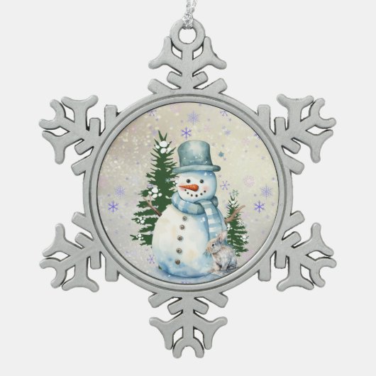 「雪の中の雪だるま」ウサギと木と一緒 スノーフレークピューターオーナメント (正面)