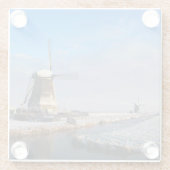 雪の中の風車、冬のオランダ ガラスコースター (裏面)