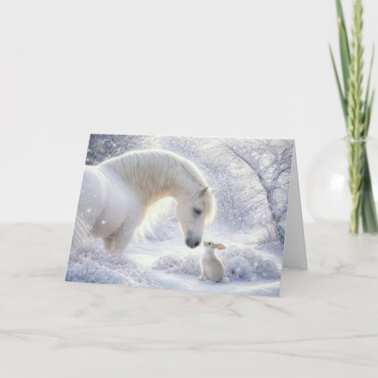 雪の中の馬とうさぎ かわいいウサギ カード (正面)