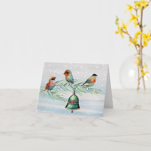 雪の中の鳥が枝に カード (黄色い花)