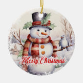 雪の中の鳥と可愛い雪だるま セラミックオーナメント (正面)