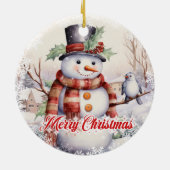 雪の中の鳥と可愛い雪だるま セラミックオーナメント (裏面)