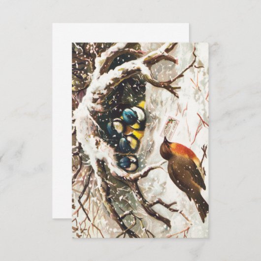 雪の中の鳥を描いたクリスマスの古いポストカード 招待状 (正面/裏面)