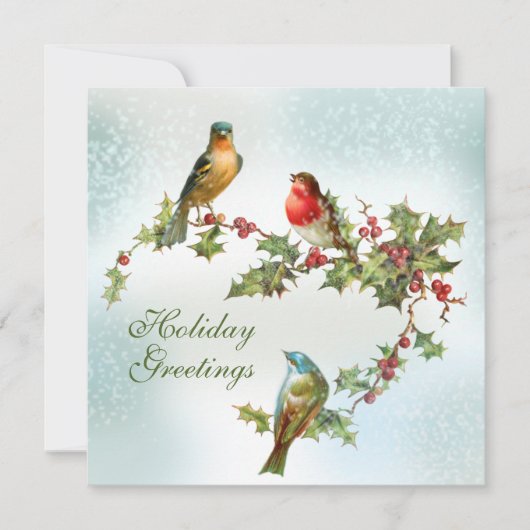 雪の中の鳥ホリーベリーフラット シーズンカード (正面)
