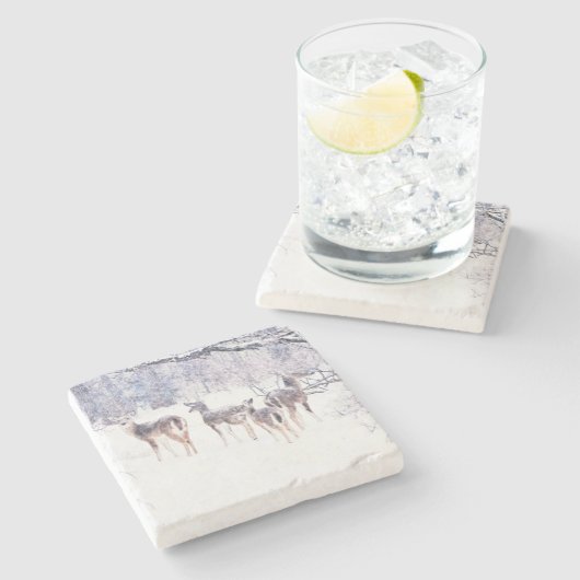 雪の中の鹿の冬のアートコースター ストーンコースター (横)