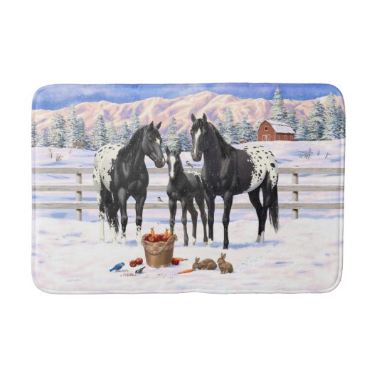 雪の中の黒いアパルーサの馬 バスマット (正面)