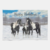 雪の中の黒いピント絵を描4分の1馬 キッチンタオル (横)