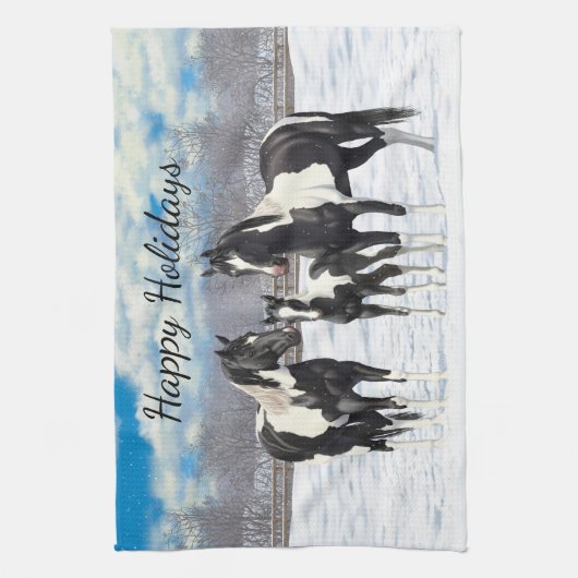 雪の中の黒いピント絵を描4分の1馬 キッチンタオル (縦)