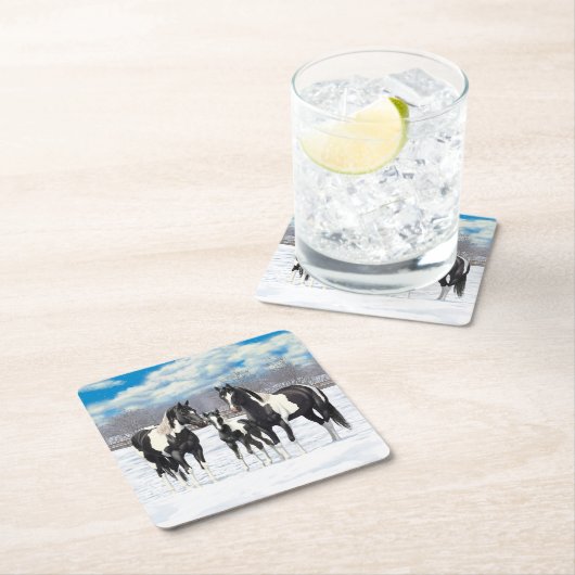 雪の中の黒いピント絵を描4分の1馬 スクエアペーパーコースター (インサイチュ)