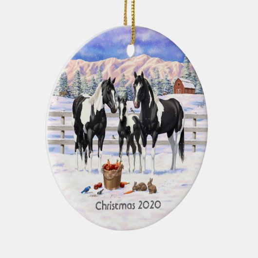 雪の中の黒いピント絵を描4分の1馬 セラミックオーナメント (右)