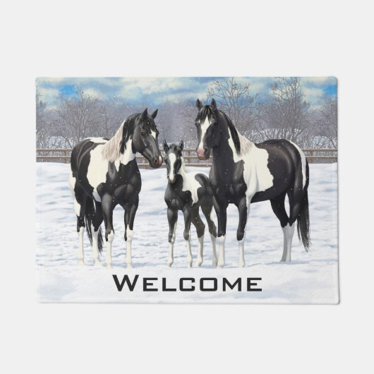 雪の中の黒いピント絵を描4分の1馬 ドアマット (正面)