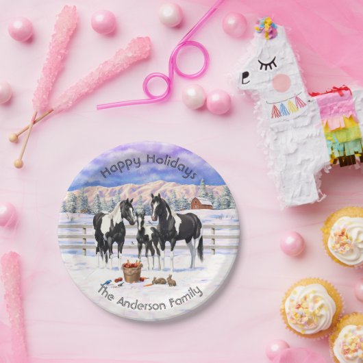 雪の中の黒いピント絵を描4分の1馬 ペーパープレート (パーティー)