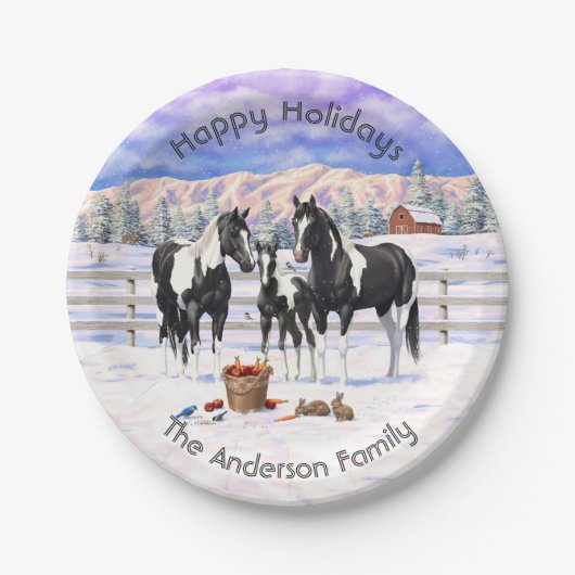 雪の中の黒いピント絵を描4分の1馬 ペーパープレート (正面)