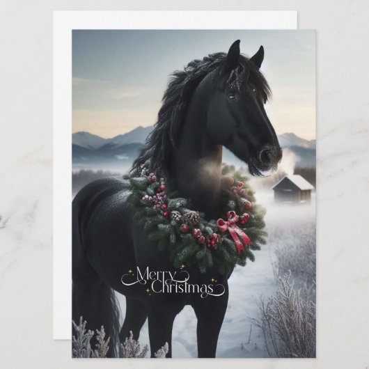 雪の中の黒い馬とクリスマスリース シーズンカード (正面/裏面)