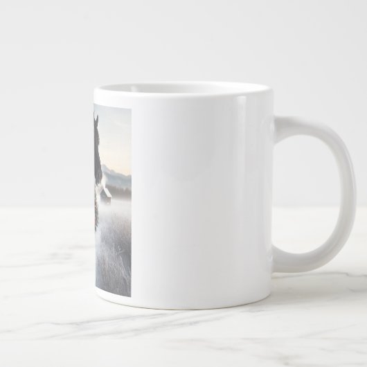 雪の中の黒い馬とクリスマスリース ジャンボコーヒーマグカップ (右)