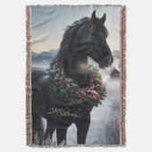 雪の中の黒い馬とクリスマスリース スローブランケット (正面縦)