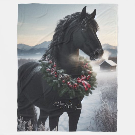 雪の中の黒い馬とクリスマスリース フリースブランケット (正面)