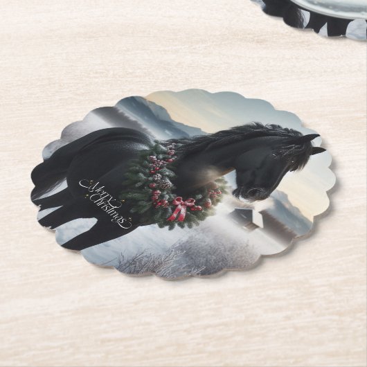 雪の中の黒い馬とクリスマスリース ペーパーコースター (アングル)