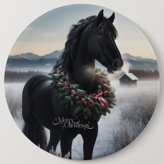 雪の中の黒い馬とクリスマスリース 缶バッジ (正面)