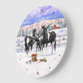 雪の中の黒絵を描い五頭馬 ラージ壁時計 (傾斜)
