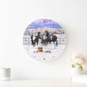 雪の中の黒絵を描い五頭馬 ラージ壁時計 (ホーム)