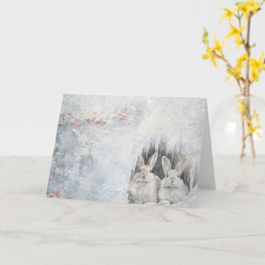 雪の中をうさぶる可愛い森林動物 カード (黄色い花)