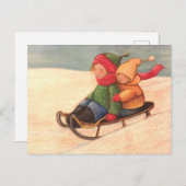 雪の中をそりで歩く ポストカード (正面/裏面)