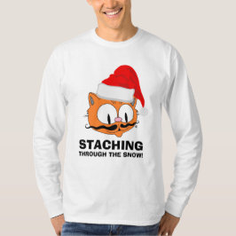 雪の中をスタッチングする ヒゲ ユーモア 猫 Tシャツ