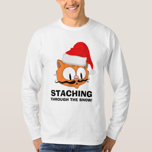 雪の中をスタッチングする ヒゲ ユーモア 猫 Tシャツ (正面)