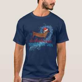 雪の中をダシュント通るサンタドッグのクリスマス Tシャツ