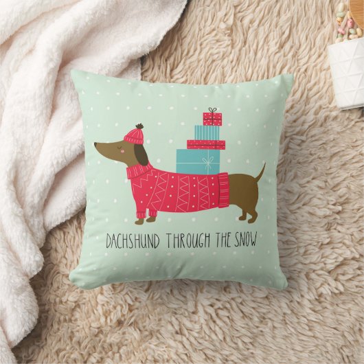 雪の中をダックスシュントかわいいクリスマス犬のおもしろい クッション (ブランケット)