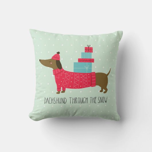 雪の中をダックスシュントかわいいクリスマス犬のおもしろい クッション (正面)