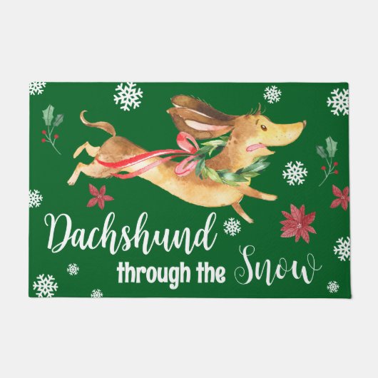 雪の中をダックスフントかわいい犬のクリスマス ドアマット (正面)