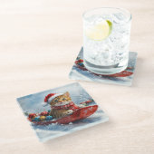 雪の中を歩くアビシニアン猫 ガラスコースター (アングル)