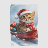 雪の中を歩くアビシニアン猫 ゴルフタオル (正面)