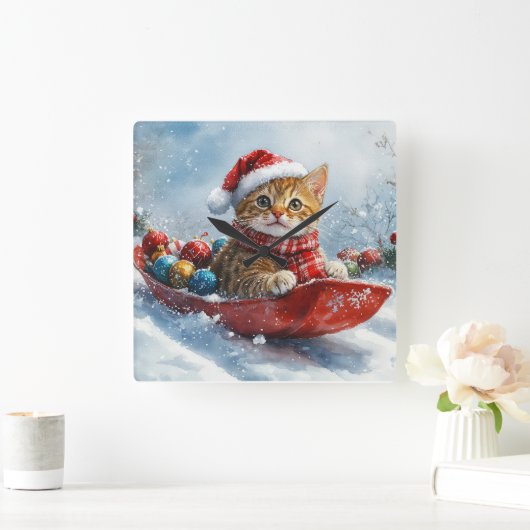 雪の中を歩くアビシニアン猫 スクエア壁時計 (ホーム)