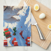 雪の中を走るウェスティとクリスマス帽 キッチンタオル (四つ折り)