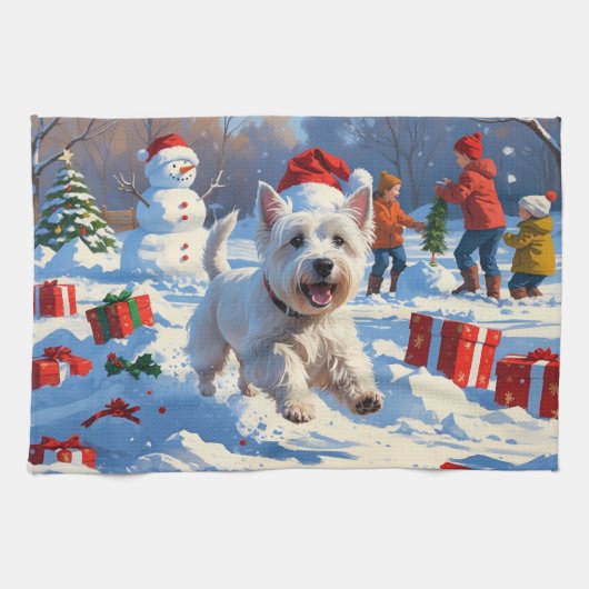 雪の中を走るウェスティとクリスマス帽 キッチンタオル (横)