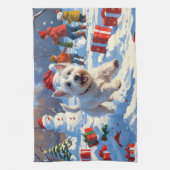 雪の中を走るウェスティとクリスマス帽 キッチンタオル (縦)