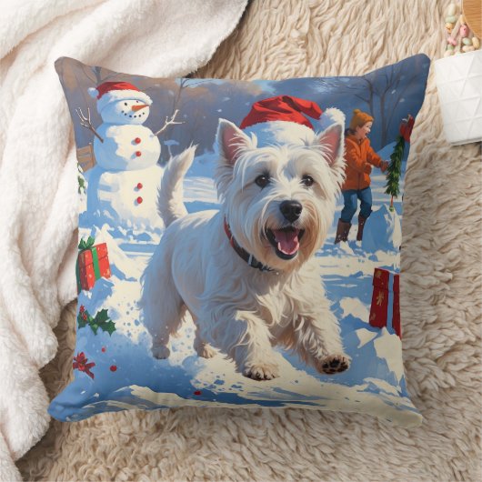雪の中を走るウェスティとクリスマス帽 クッション (ブランケット)