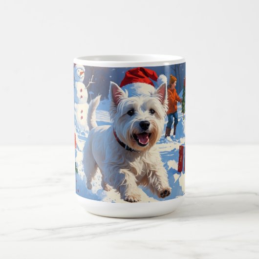 雪の中を走るウェスティとクリスマス帽 コーヒーマグカップ (中央)