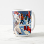 雪の中を走るウェスティとクリスマス帽 コーヒーマグカップ (正面右)