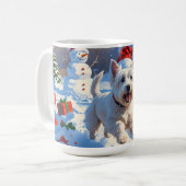 雪の中を走るウェスティとクリスマス帽 コーヒーマグカップ (正面左)